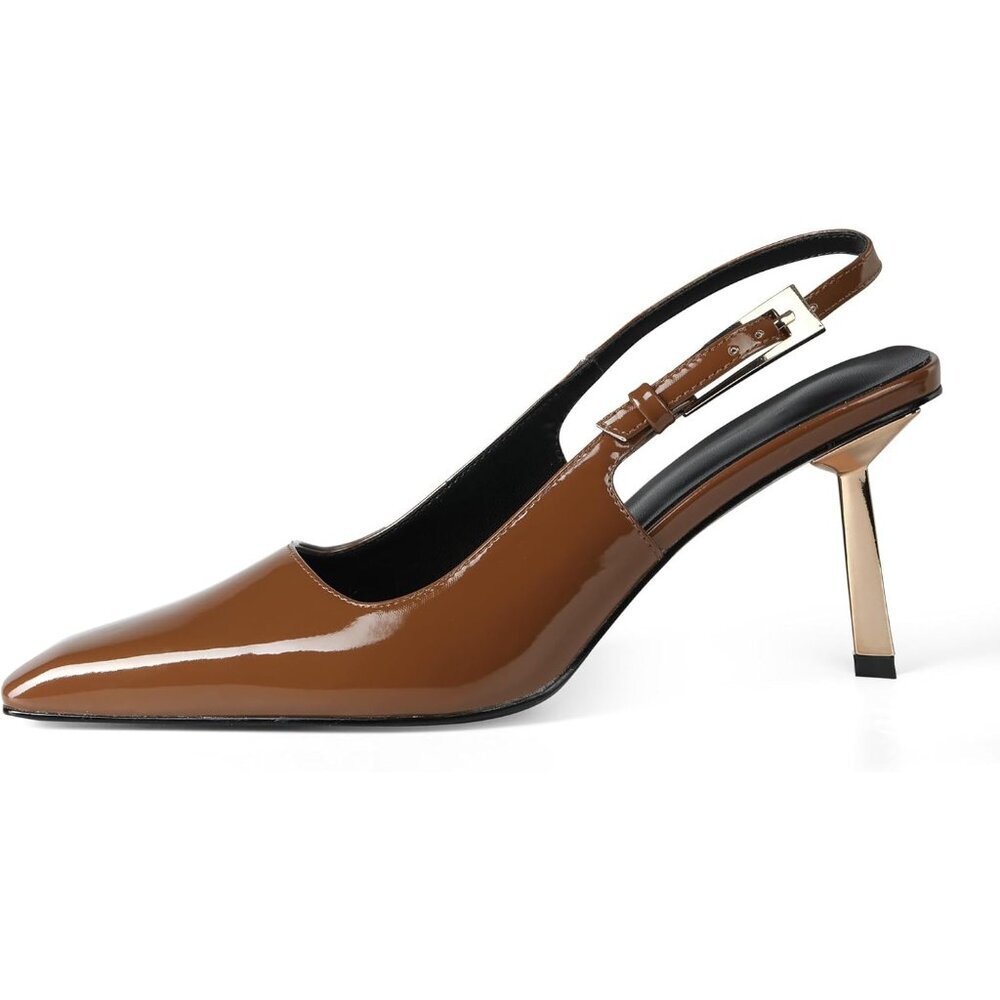Women's Golden Brown 3.5 In 4 In Kitten Heel Pumps Dress Slingback Leather Heels